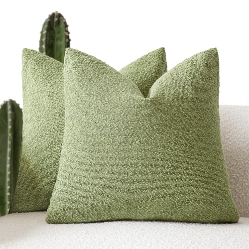 Image of Foindtower Set of 2, Decorative Textured Boucle Throw Pillow Covers Accent Solid Pillow Cases Neutral Cozy Couch Cushion Case for Chair Sofa Bedroom Living Room Home Decor 24x24 Inch Leaf Green