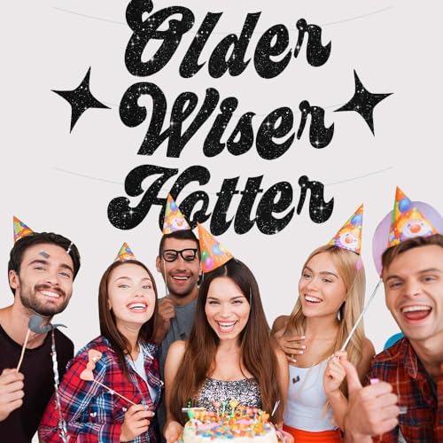 Image of BEISHIDA Glitter Black Older Wiser Hotter Banner with Star, Funny Birthday Banner 30th 40th 50th 60th 70th 80th Party Decorations