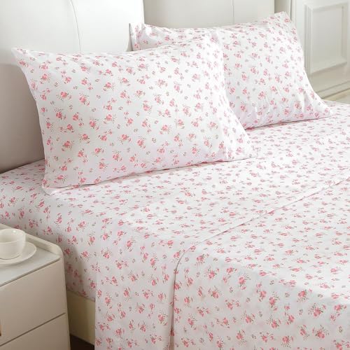 Image of MUXHOMO Full Size 4 Piece Sheet Set, Soft Breathable Bed Sheet Set for Bedroom with Deep Pocket Up to 16 inch, Wrinkle-Free & Cooling Bedding for Oeko-TEX Certified - Blossoms Pink