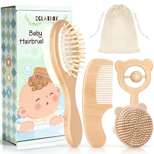 Image of Baby Hair Bush and Comb Set, 5 Pack Wooden Baby Brush with Soft Goat Bristle for Newborns and Toddlers, Perfect for Cradle Cap, Baby Registry Gift, Infant Essentials Care Kit