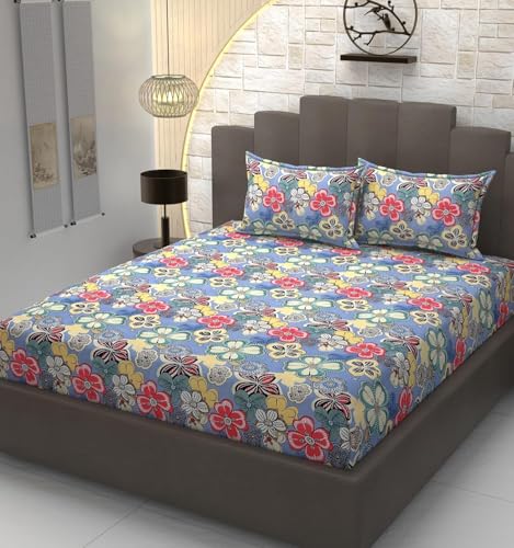 Image of Jashan 210 TC Glace Cotton Super Soft Fabric King Size Fitted Bedsheet for Double Bed, King Size 72 inches X 78 Inches x 10 Inches, with 2 Large Size Pillow Covers - Multi Colors