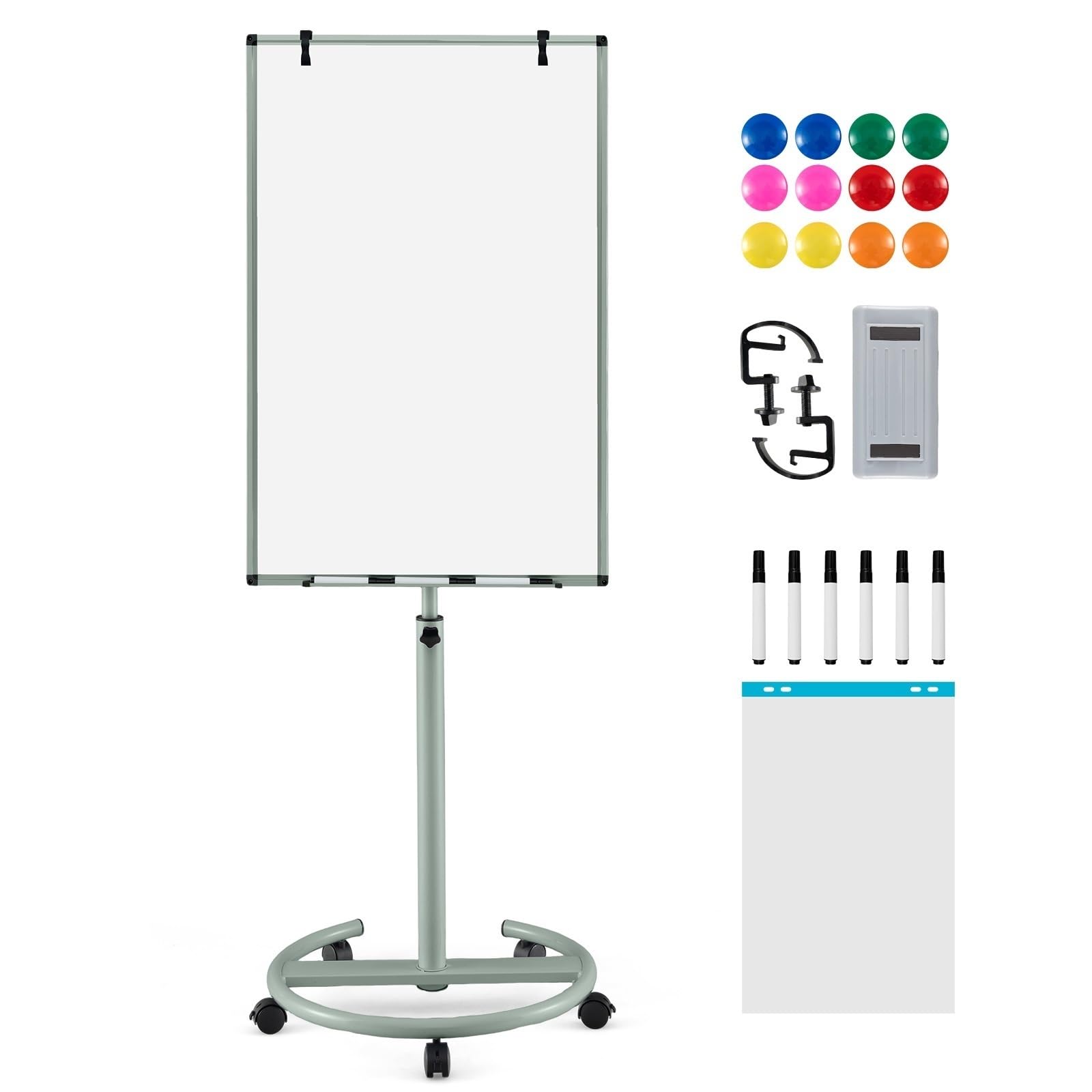 Goplus 40” x 26” Rolling Whiteboard, Height Adjustable Magnetic Dry Erase Board on Wheels with Round Stand, Paper Clips, Storage Tray, Paper Pad,