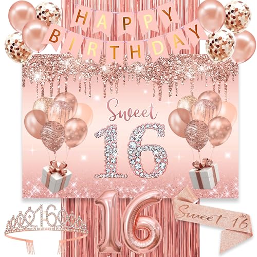 Image of Sweet 16 Birthday Decorations for Girls, banner,Backdrop, it's my 16th Birthday Sash, Sweet Rhinestone Tiara Crown,Balloons