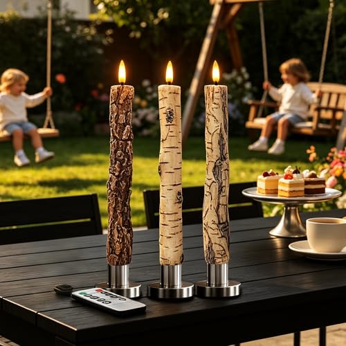Image of LED 9.84 inch Flameless Taper Candles with Birch Bark Effect Battery Operated Real Wax Flickering Candlesticks with Remote Control and Timer Rustic Primitive Lights Decor Vintage Candles, Pack of 3