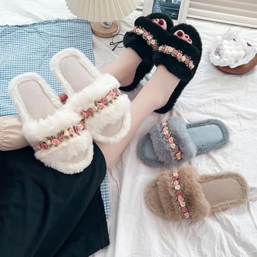 Floral Plush Slippers For Women Comfortable Fur Slides Flat Indoor Slip-On Fluffy Sandals Home Slipper2