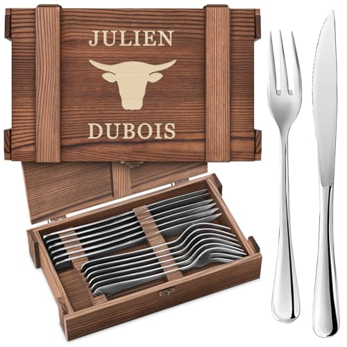 Maverton Couverts de Table à Steak - 6 Couteaux a Steak et 6 Fourchette a Viande dans un Coffret Cadeau Homme Personnalisé - Set De Table avec Boîte en Bois - Cadeau Personnalisé pour lui