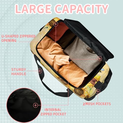 Bees And Sunflower Travel Duffle Bag - Waterproof weekend luggage bag, men's sports and fitness bag, delivery hospital storage bag, overnight luggage bag with pull rod cover4