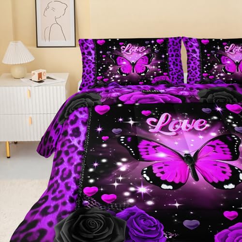 Image of QOOMO 3Pcs Leopard Print Comforter Set Queen Size,Cartoon Butterfly Bedding Set for Teens Boys Girls,Purple Comforter with 2 Pillowcases,Soft and Lightweight