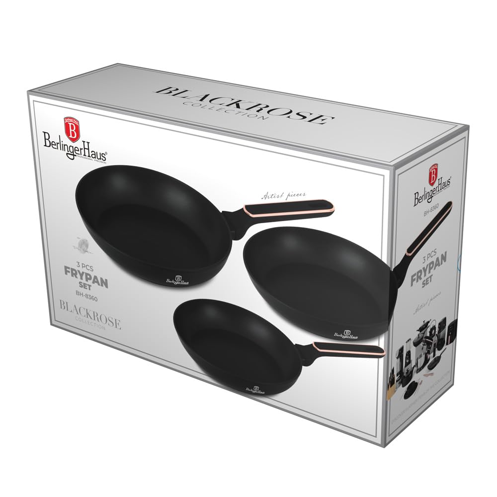 Berlinger Haus Juego de Sartenes Antiadherentes (3 Piezas) - Aluminio Forjado, TitanPro, Inducción, Mango Ergonómico, Negro/Rosa, Colección Black Rose