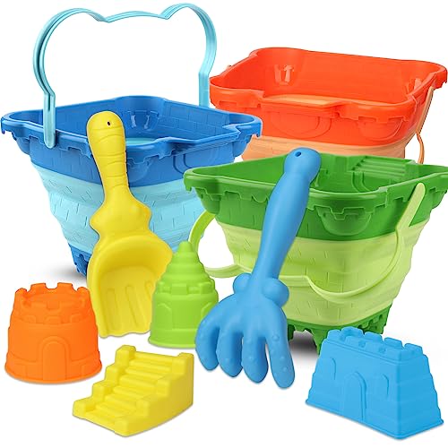 9 Pack Beach Sand Toy Set for Kids, Collapsible Sandbox Bucket, 5 Inch Foldable Pail Bucket with Castle Molds Shovels, Gardening Tool for Garden, Beach, Sand Snow Digging, Pool, Fishing, Summer Fun