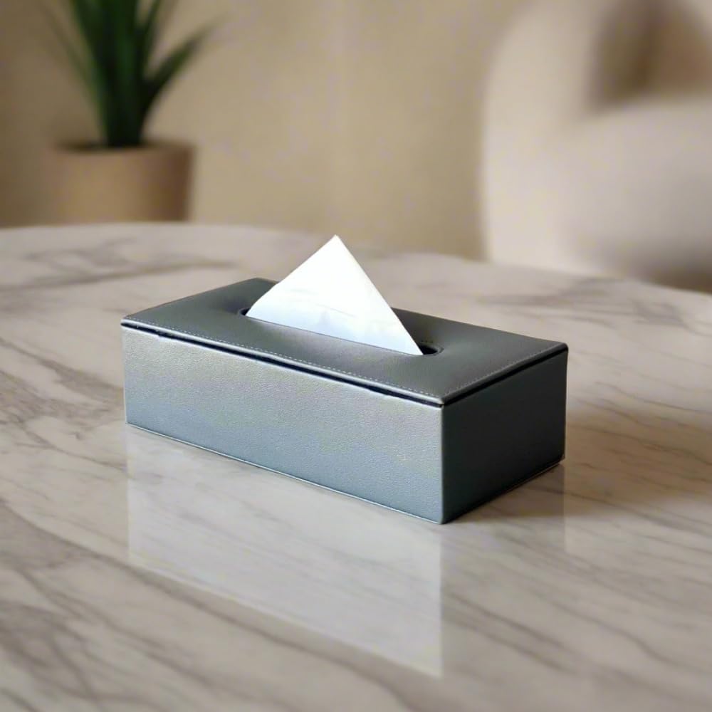 Mason Home Vegan Leather Grey Coloured Tissue Box - 1 Piece - L 10.5" x B 5.25" x H 3.5" | Paper Napkin Holder | Tissue Case - Dispenser - Organizer | Home - Office - Table - Desk - Car (Grey)