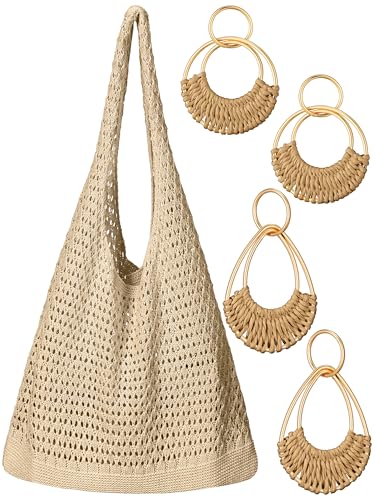 Abbylike Crochet Beach Bag for Women Summer Beach Totes Bag Women Crochet Purses with 2 Pairs Rattan Earrings for Vacation