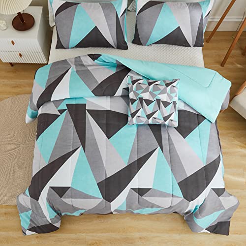 Teal Comforter Set Geometric Bedding Set Queen Size Teal And Gray Triangles Printed Pattern 4 Pcs Modern Diamond Bedding Set With 1 Cushion Cover(Queen, Geometric) #TOP5