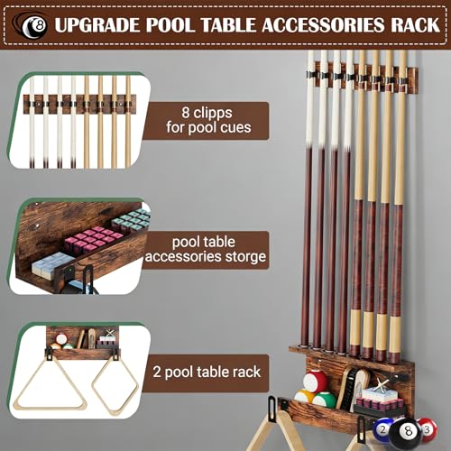 WeGXY Wall Mount Pool Stick Holder, 8 Cues Pool Cue Holder Pool Table Accessories, Pool Cue Rack Hardwood Pool Cue Set, Rustic Storage Pool Table Accessories Equipment Organizer