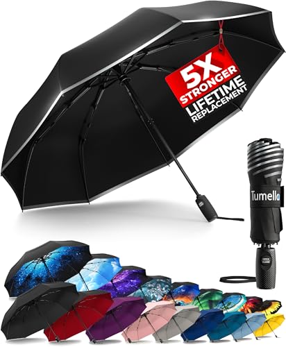 Image of TUMELLA Strongest Windproof Travel Umbrella (Compact, 100MPH Wind-Tested), Light, Portable, One-Handed Use, Automatic Folding Rain Umbrella, Durable, Premium Grip, Fits Car & Backpack