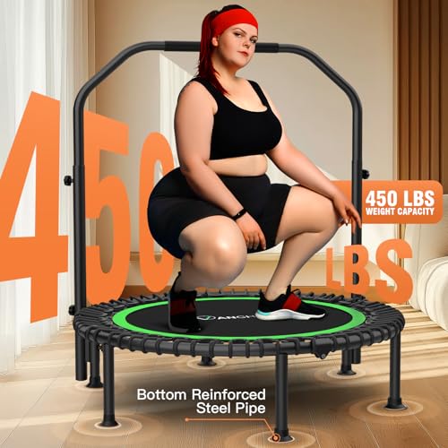 Image of ANCHEER 40 inch /48 inch Foldable Mini Trampoline,Max Load 450lbs /550lbs Indoor Trampoline,with 4 Level Adjustable Foam Handle and Resistance Bands,Adult Exercise Trampoline for Home, Garden, and Gym
