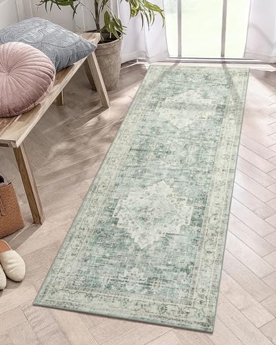 LIVEBOX Washable 2x6 Runner Rug for Bathroom, Non Slip Kitchen Mats for Floor Entryway, Boho Indoor Front Door Mat Low-Pile Runners for Hallways, Farmhouse Rugs for Laundry, Sage Green