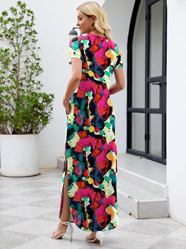 Image of Heymoments Womens Summer Maxi Dress Short Sleeve Casual Loose Long T Shirt Split Vacation Beach Sundress with Pockets