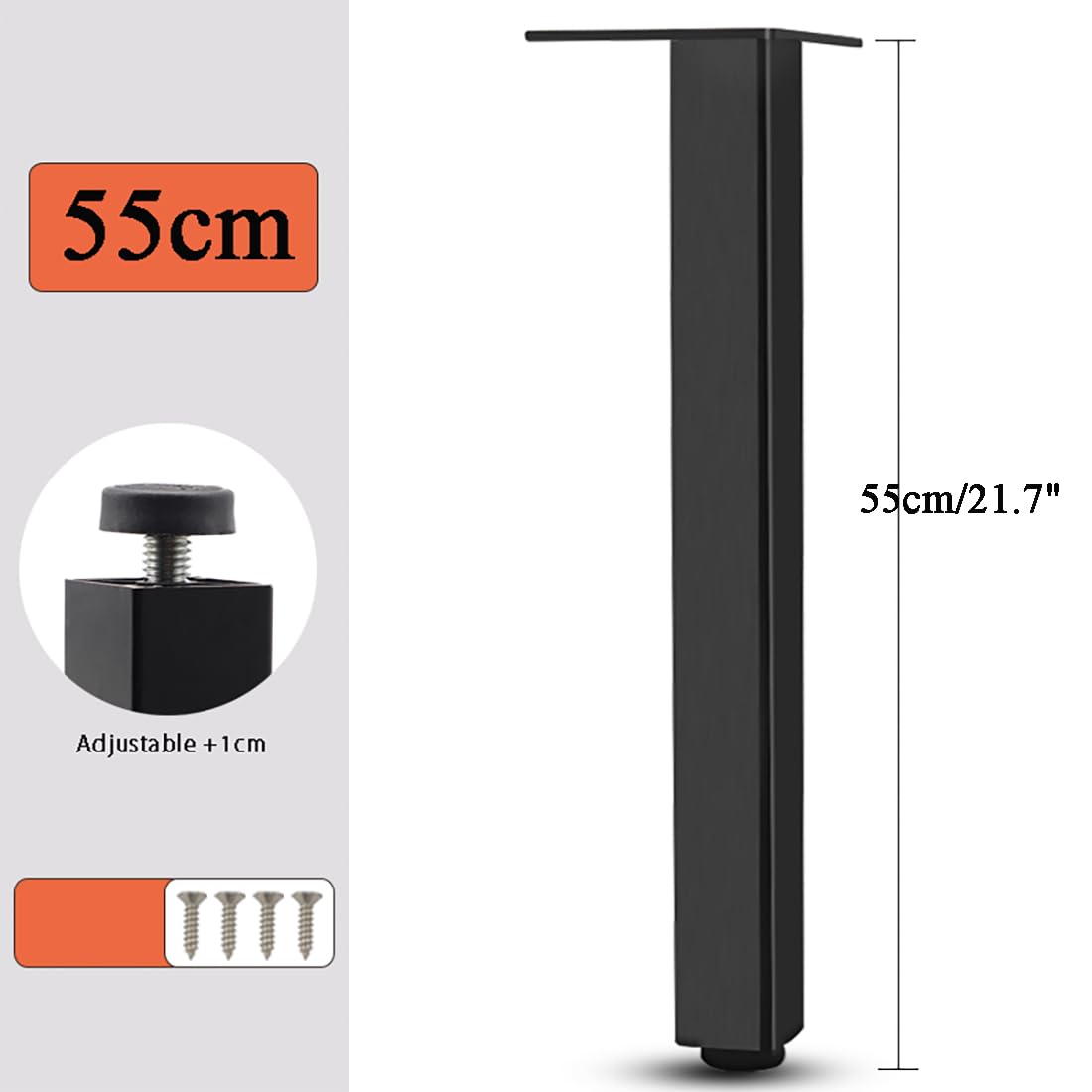 Czarny, 4 szt. Nogi do szafek DIY metalowe nóżki meblowe regulowane 6 cm - 60 cm wytrzymałe nogi sofy nogi szafki nogi szafki stopka kuchenna, gumowa mata antypoślizgowa, bezpłatna śruba - 55 cm