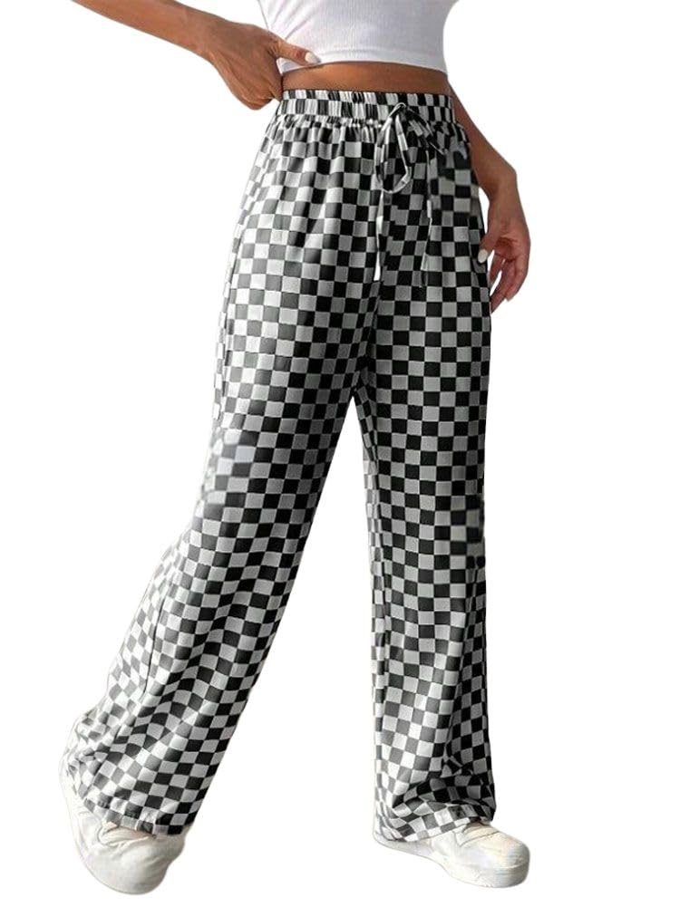 chouyatou Womens Checkered Wide Leg Business Casual Pants Plaid Drawstring Elastic Waist Palazzo Pants