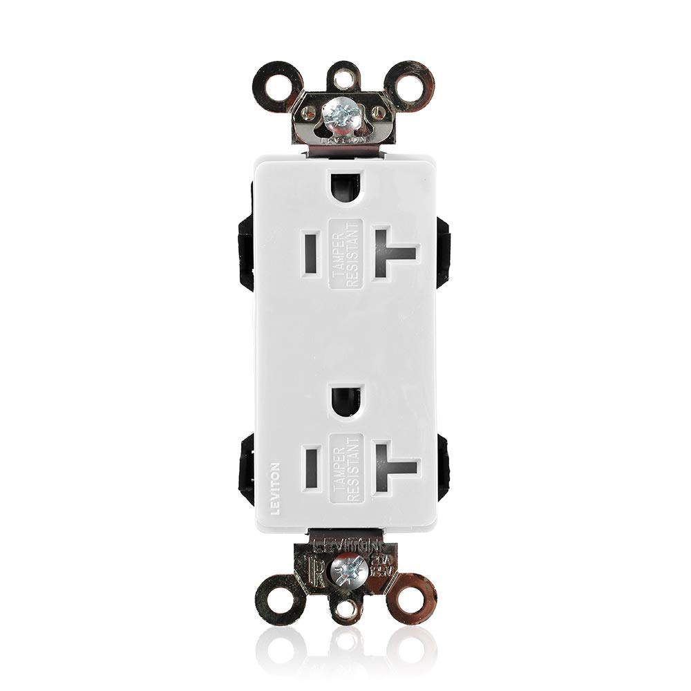 Leviton Lev-Lok Modular Wiring Device 20-Amp, 125-Volt, Decora Plus Duplex Receptacle, Tamper-Resistant, Straight Blade, Commercial Grade, Self Grounding, MT163-W, White