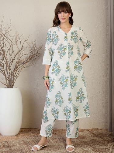 Image of INDO ERA Women's White Pure Cotton Printed Straight Kurta & Pant Set (KS0WH6702)
