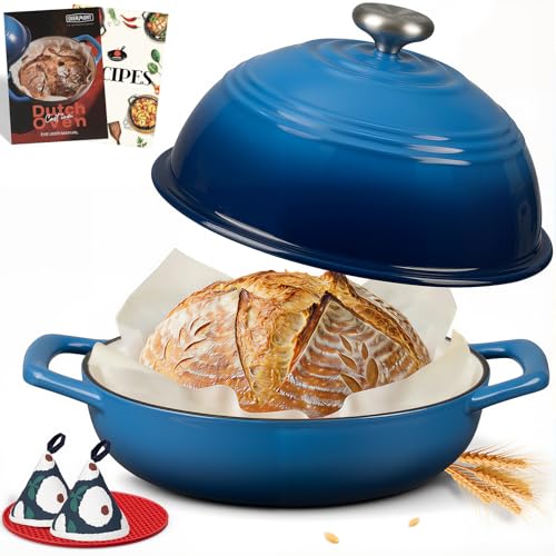 Overmont Olla de hierro fundido esmaltado para Hornear pan - 5.7L Olla holandesa Cacerola con tapa y libro de recetas - Apta para cocina, hornear, estofar y asar - Azul