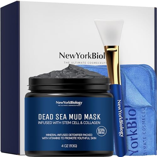New York Biology Dead Sea Mud Mask for Face and Body with Stem Cell and Collagen – Includes Face Mask Brush Applicator and Towel – Natural Skincare Face Mask for Acne, Blackheads and Oily Skin – 4 oz