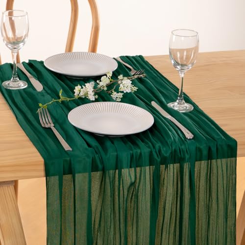 Image of MLMC 2 Pack Emerald Green Table Runner Boho Dark Green Cheesecloth Table Runner 10ft Sheer Gauze Cheese Cloth Decorations for Wedding Bridal Shower Home Party Decor