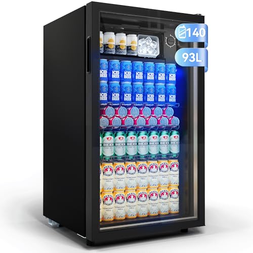 JUMMICO Frigorifero per bevande, 93 l, piccolo con illuminazione LED blu, frigorifero per birra con porta di design in vetro, con 3 ripiani e portabottiglie per soda/birra/vino [Classe di efficienz
