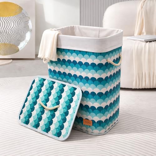 Image of Amazon Brand - Umi Rectangle Bamboo Laundry Basket for Clothes with Lid Wave Printed Hamper | Eco-Friendly, Foldable & Lightweight Organizer (Blue, 40x30x50 cm, Pack of 1)