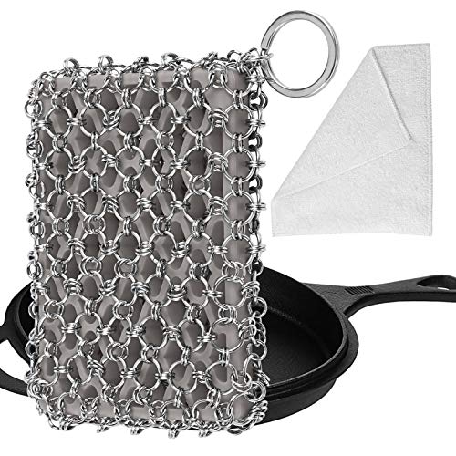 Herda Cast Iron Skillet Cleaner - Upgraded Chainmail Scrubber Set Easy to Hold Cast Iron Cleaner Tool Kit - 316 Stainless Steel Chain Metal Skillet Scrubber Scraper for Steel Pan, Iron Pan (Gray)