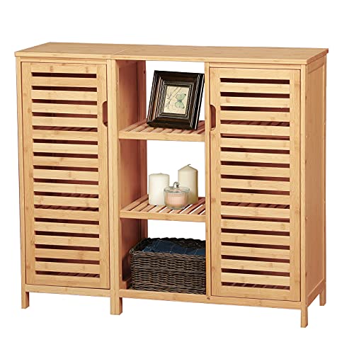 VIAGDO Bamboo Bathroom Storage Cabinet, Freestanding Storage Cabinets with 2 Louvered Doors and 3 Shelves, Multifunctional Use for Bathroom Cabinet, Dining Room Buffet Cabinet, Kitchen Sideboard VIAGDO Bamboo Bathroom Storage Cabinet, Freestanding Storage Cabinets with 2 Louvered Doors and 3 Shelves, Multifunctional Use for Bathroom Cabinet, Dining Room Buffet Cabinet, Kitchen Sideboard