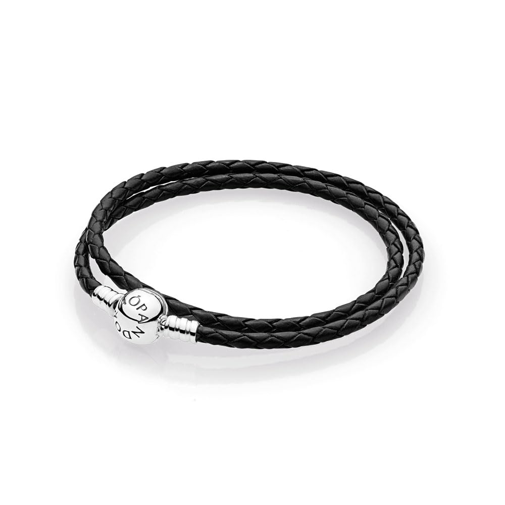 PANDORA Moments doppeltes schwarzes Lederarmband mit Kugelverschluss aus Sterling Silber, Kompatibel Moments, Größe: 44cm, 590745CBK-D4
