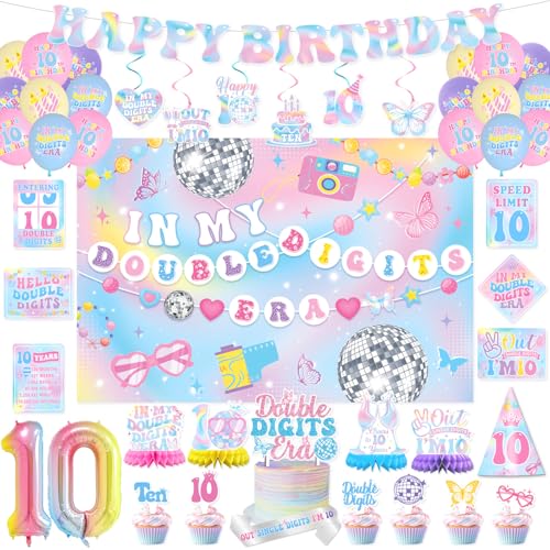 KOTLMIGHT 10th Birthday Decorations for Girl, In My Double Digits Era Birthday Party Decor Supplies for Girls 10 Year Old - Backdrop, Banner, Tablecloth, Centerpieces, Hanging Swirl, Hat, Wall Signs