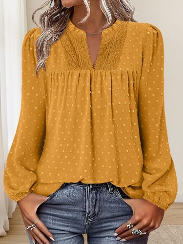 BETTE BOUTIK Women Boho Long Sleeve Shirts Dressy Casual V Neck Fall Fashion Tops Swiss Dot Flowy Blouses