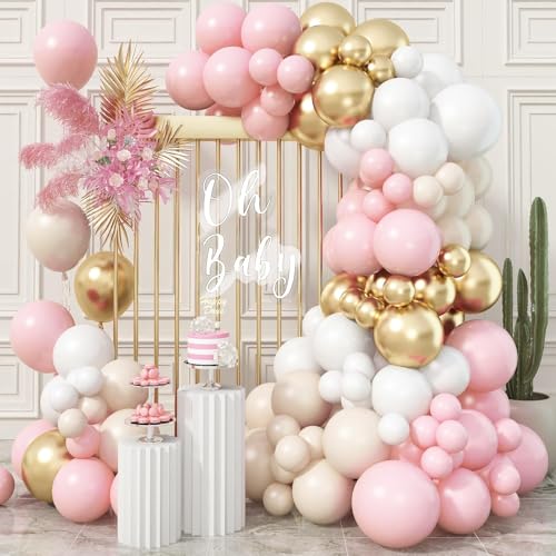 Image of Pink Beige Gold Balloon Garland Arch Kit, 109 Pieces Blush Pastel Pink Peach Pink Gold Beige White Sand Latex Balloon Garland Kit for Girls Women Birthday Baby Bridal Shower Wedding Party Decorations