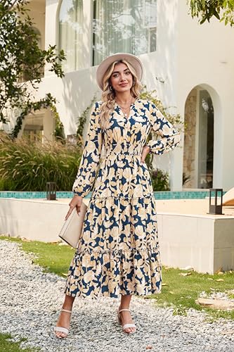 Image of GRACE KARIN Women's Floral Maxi Dress 2026 Fall Long Sleeve V Neck Empire Waist A Line Flowy Dress with Pocket