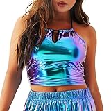 QJDFLL Metallisch glänzendes rückenfreies ärmelloses Damentop sexy figurbetontes Camisole für modische Ausflüge. Perfekt Nachtclubs und Partys. Karneval Party(Blau,L)