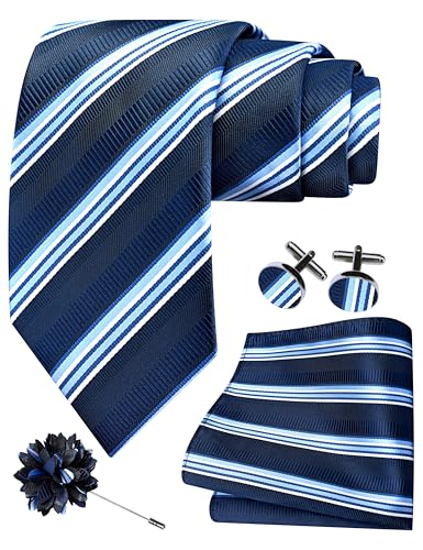 Image of GUSLESON 3.15 inch（8cm） Mens Stripe Tie and Lapel Pin Necktie Hankerchief Cufflinks Set for Men