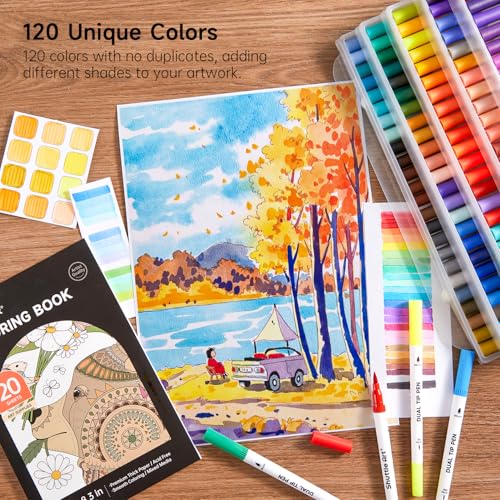 Image of 120 Colors Dual Tip Brush Marker Pens with 1 Coloring Book, Fineliner and Brush Dual Tip Markers Set, Water-based Ink Perfect for Kids Adult Artist Calligraphy Hand Lettering Journal Doodling Writing