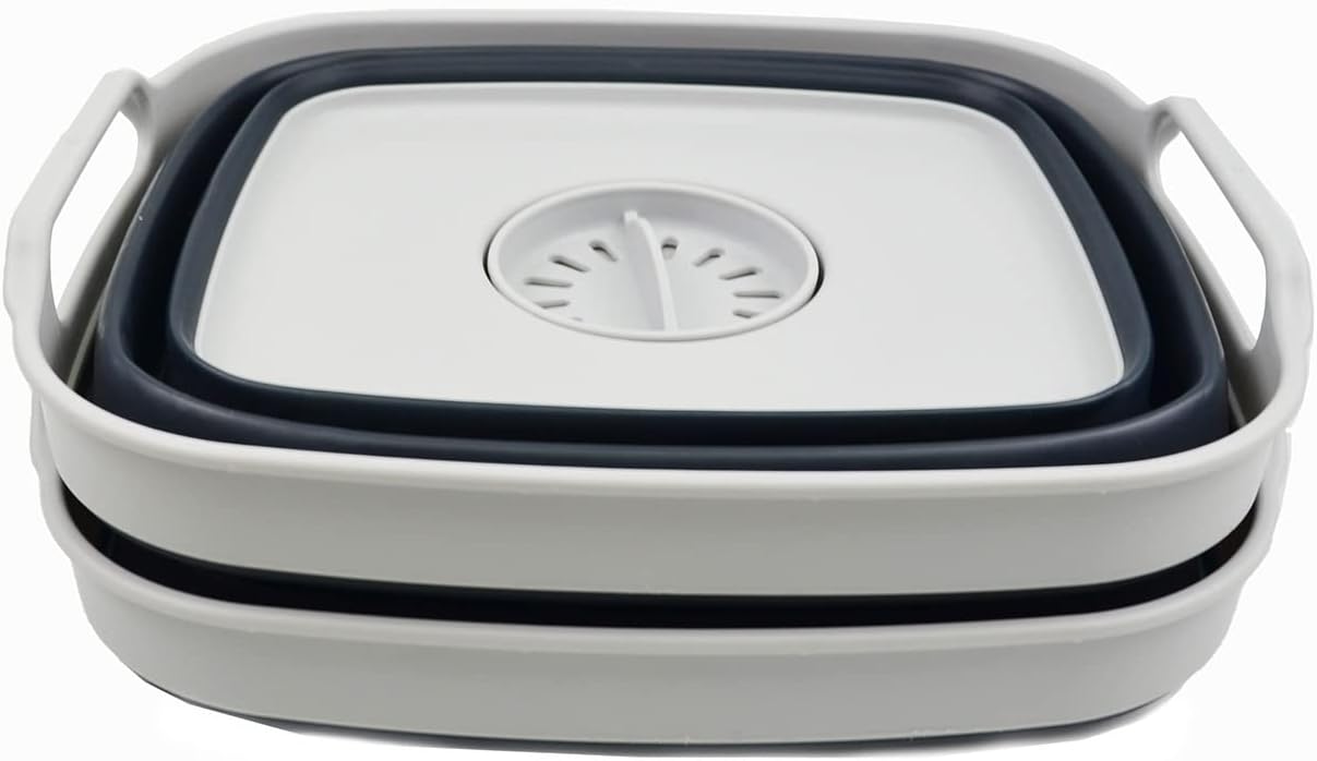 SAMMART 7.5L (2 gallons) Collapsible Plastic Dishpan with Draining Plug - Portable Washing Basin - Foldable Washing Tub - Pop Up Saving (Grey/Slate Grey (Set of 2))