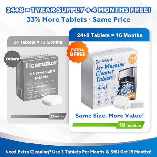 Image of Bellaluce Ice Machine Cleaner Tablets Descaler (32 Pack) - Nickel-Safe Countertop Portable Commercial Ice Maker Cleaning - Remove Hard Water Buildup, Odor-Free, Crystal Clear Ice