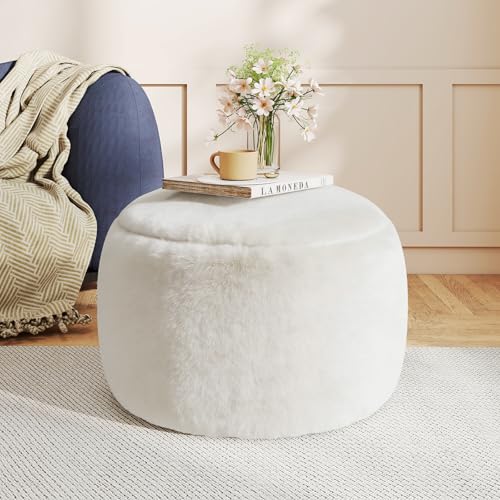 Gericco Round Stuffed Pouf Ottoman for Foot Rest A Round Modern Foam Filled Poufs Floor Chair for Living Room Nursery Dorm A Soft Modern Foot Stool Perfect to Rest Your Feet (White 20Inch)