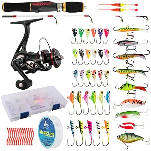 Dr.Fish Ice Fishing Rod and Reel Combo, Ice Fishing Pole Gear Spinning Reel Equipment Set Backpack Chair Jigs Lures Accessories Cover