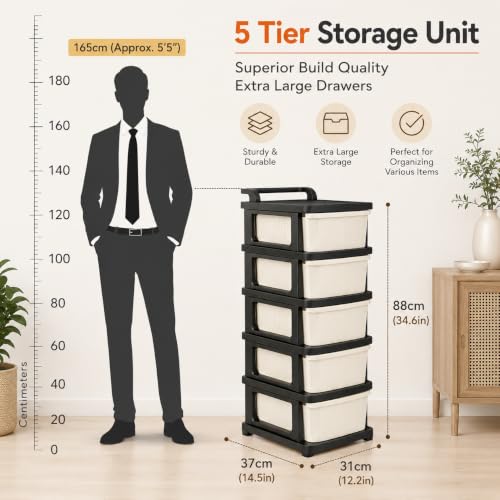 Image of Heavy Duty Plastic Storage Drawer with Wheels | Modular Cabinet for Bedroom, Office, Home or Classroom| Chest of Drawers Organiser for Cosmetics, Kitchen items, Toys (White & black, 5)