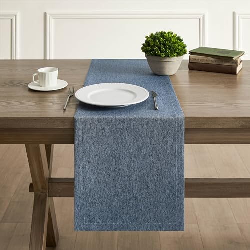 Image of ZeeMart Basic Linen Style Table Runner, 14x36 Inch Navy Blue | Mitered Corner Design, Medium Weight Fabric, Rustic Farmhouse Style, Machine Washable Easy Care Everyday Table Scarf