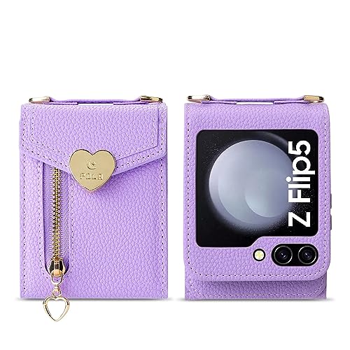 Étui pour Samsung Z Flip 5 en cuir violet haut de gamme à fermeture magnétique et bandoulière