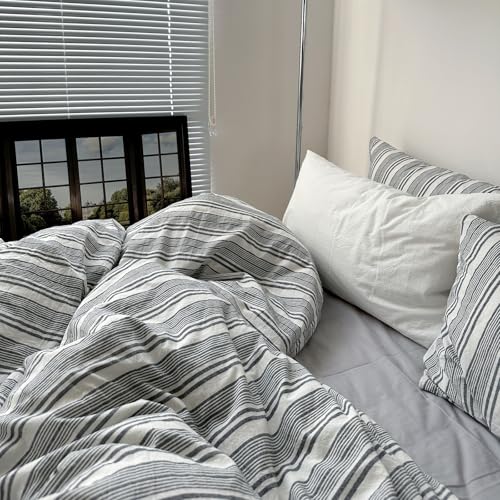 Image of Striped Duvet Cover Set, Queen Size, Dark Grey & White, 3 Pieces | Men's Cotton Bedding Set, Modern Preppy Style, Boys Comforter Cover for College Dorm, 90 inchx90 inch