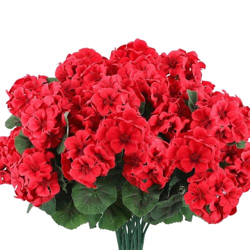 6 Pcs Artificial Flowers for Outdoors Indoor Decoration Artificial Plants Silk Geranium for Decor Outdoor Red Fake Flowers for Kitchen Table Indoor Outside Spring Decor (6, Red) image 7